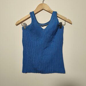 90s Y2K Poppy Ribbed Knit V-neck Halter Top Sx XL Blue Boho Festival Minimalist